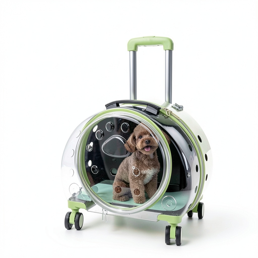 Wawuwao rolling cat carrier being pushed through an airport terminal